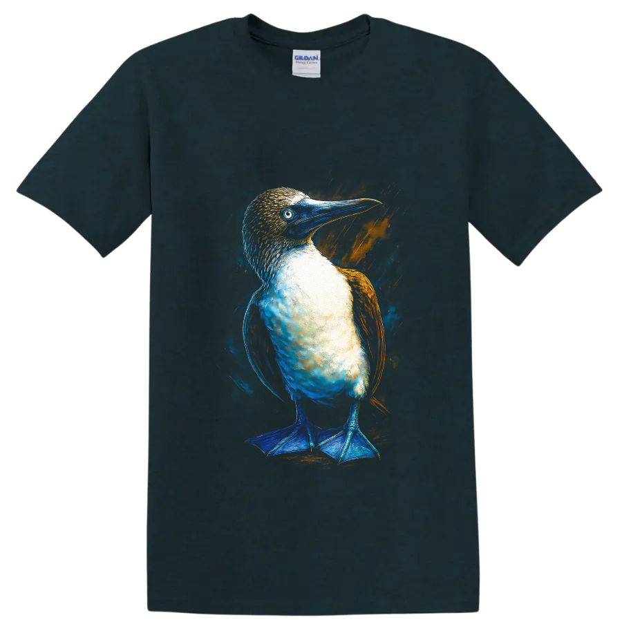 Blue-footed booby portrait in vivid blue and orange modern paint-splash style on a Midnight (Green) T Shirt