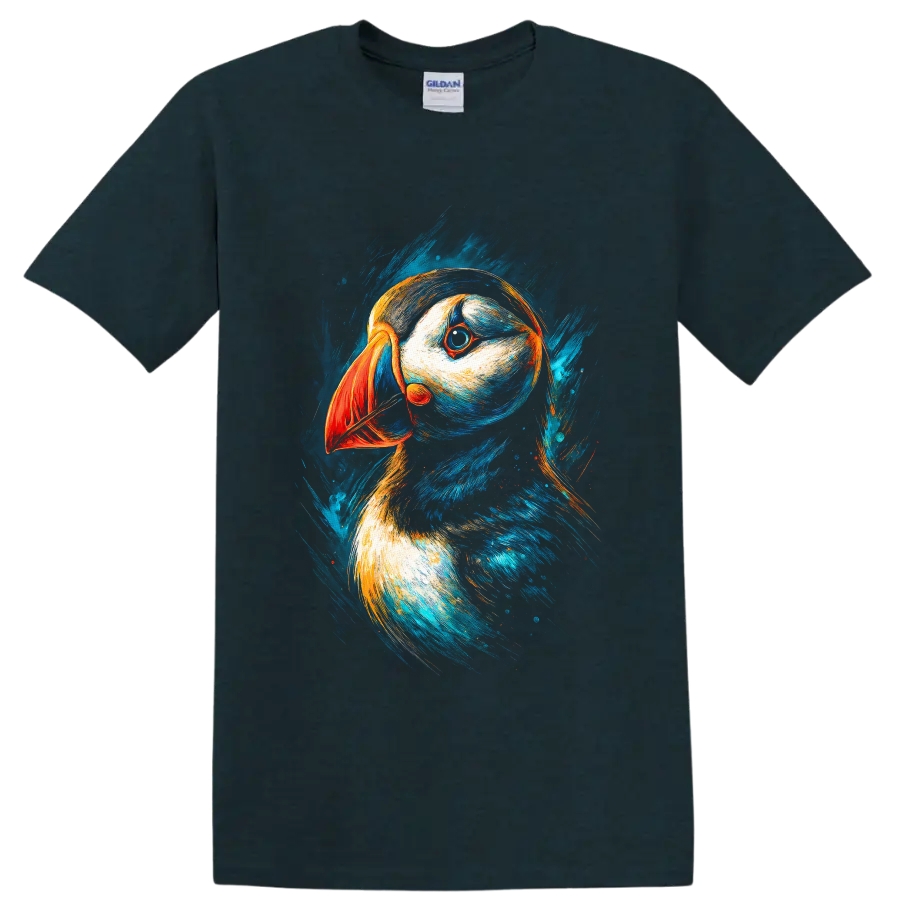 Modern puffin portrait with orange beak and vivid blue painterly brushstrokes on a Midnight (Green) T Shirt