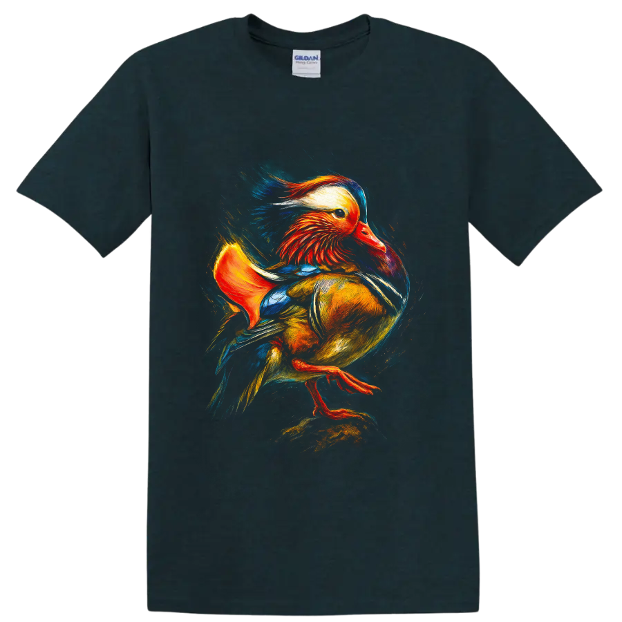 Colorful painterly Mandarin duck wildlife graphic with vivid sweeping feathers on a Midnight (Green) T Shirt