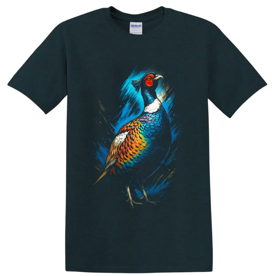 Colorful pheasant in modern blue and gold brushstroke wildlife art on a Midnight (Green) T Shirt