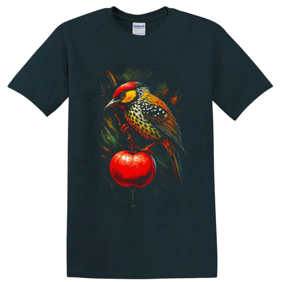 Coppersmith barbet perched on a red apple in vivid painterly wildlife art on a Midnight (Green) T Shirt