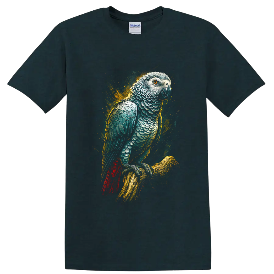 Modern realistic African grey parrot perched on a branch with golden paint splashes on a Midnight (Green) T Shirt