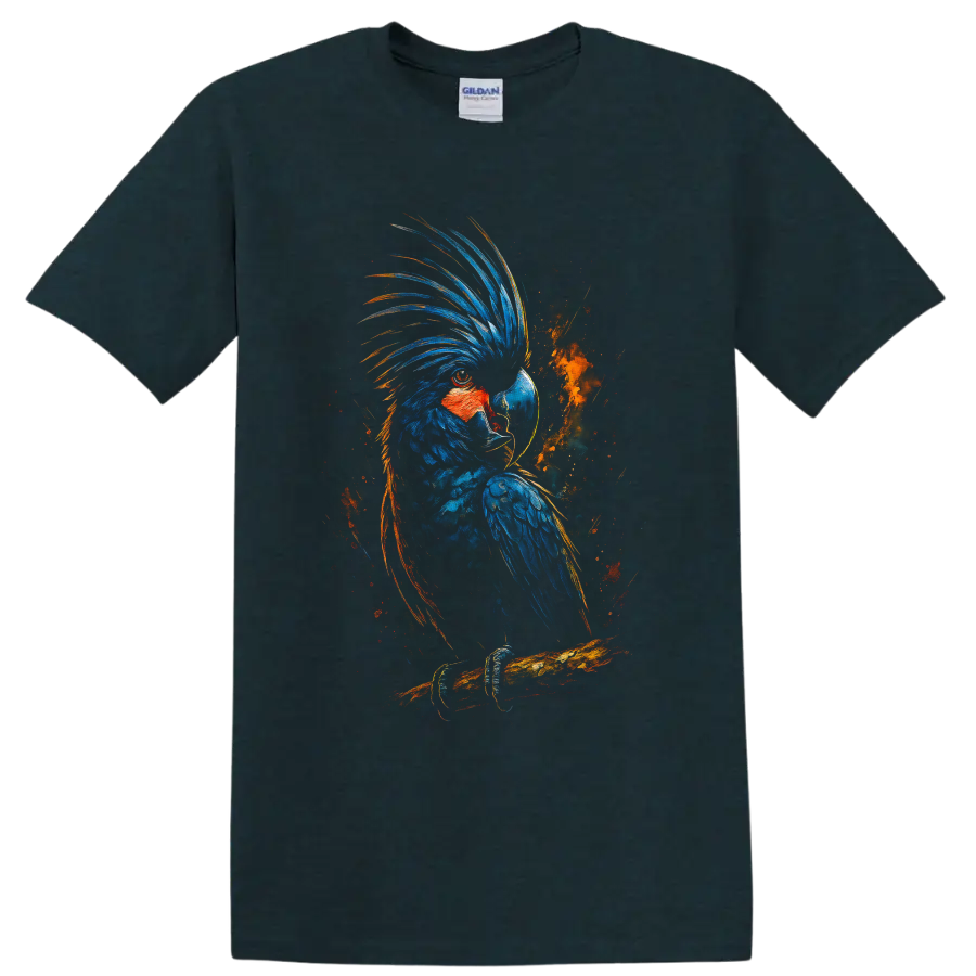 Blue Macaw parrot perched on a branch in dramatic blue and orange painterly wildlife art on a Midnight (Green) T Shirt
