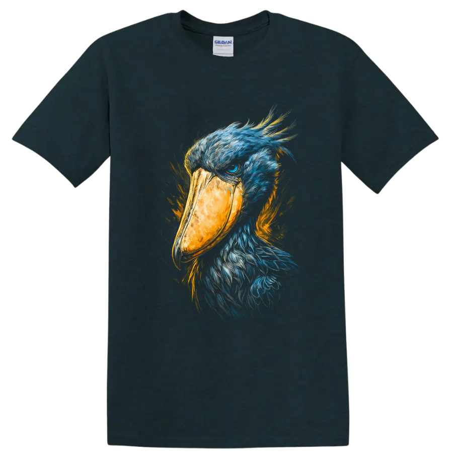 Shoebill stork portrait in blue feathers with a golden bill and painterly orange accents on a Midnight (Green) T Shirt