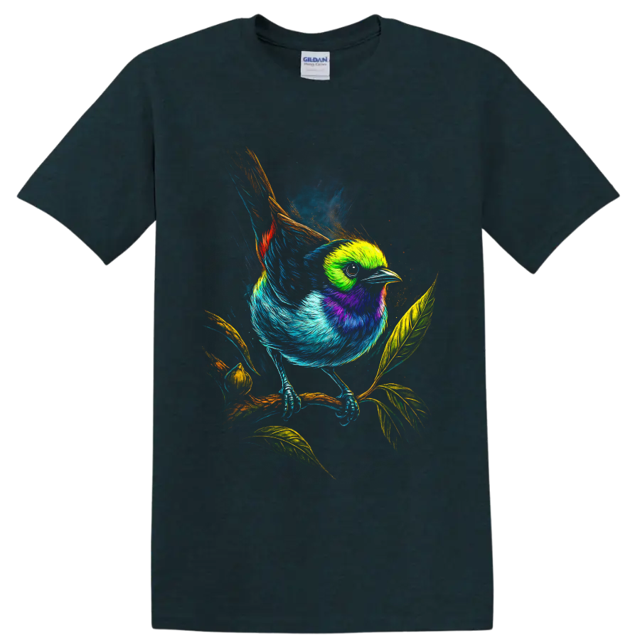 Vibrant painted bunting illustration perched on a leafy branch in neon wildlife art on a Midnight (Green) T Shirt