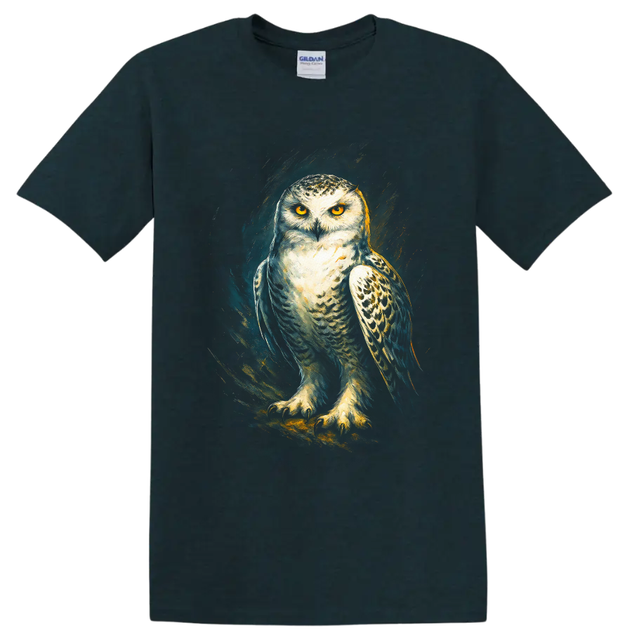 Snowy owl with golden eyes in dramatic teal and gold painterly wildlife art on a Midnight (Green) T Shirt