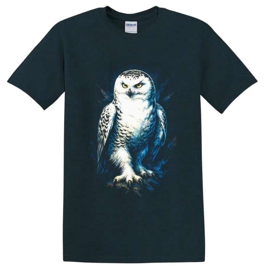Snowy owl with golden eyes in dramatic blue paint splash wildlife art on a Midnight (Green) T Shirt