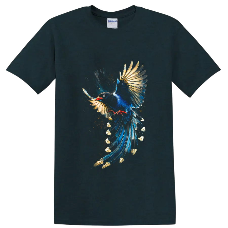Blue magpie in flight with gold-tipped feathers and painterly brushstroke art on a Midnight (Green) T Shirt