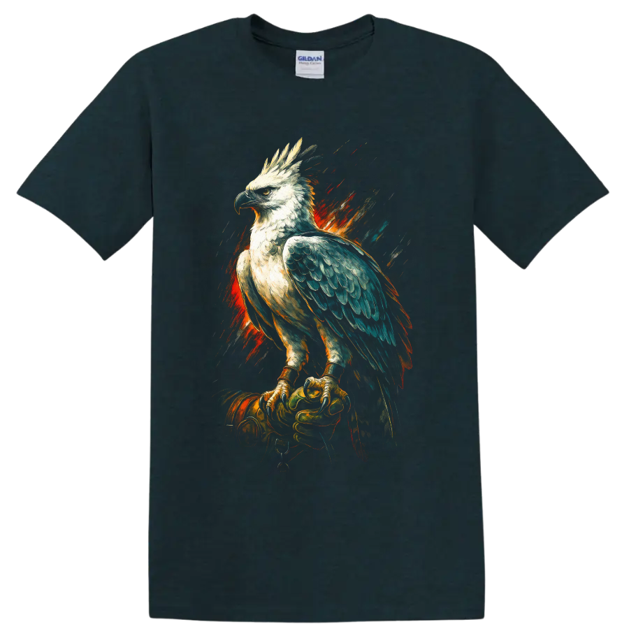 Harpy eagle on a gloved hand in dramatic fiery painterly wildlife art on a Midnight (Green) T Shirt