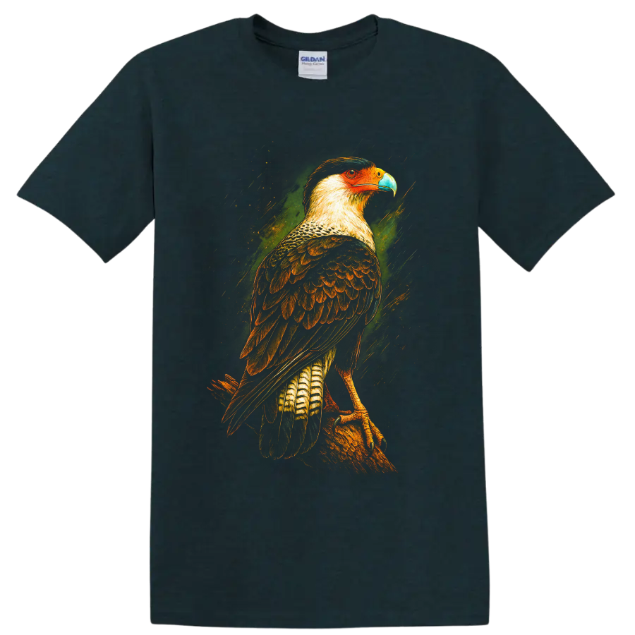 Crested caracara raptor in colorful painted wildlife art perched on a branch on a Midnight (Green) T Shirt