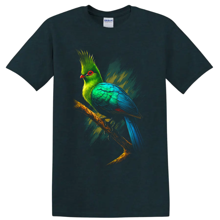 Great Blue Turaco in vibrant modern brushstroke bird art perched on a branch on a Midnight (Green) T Shirt