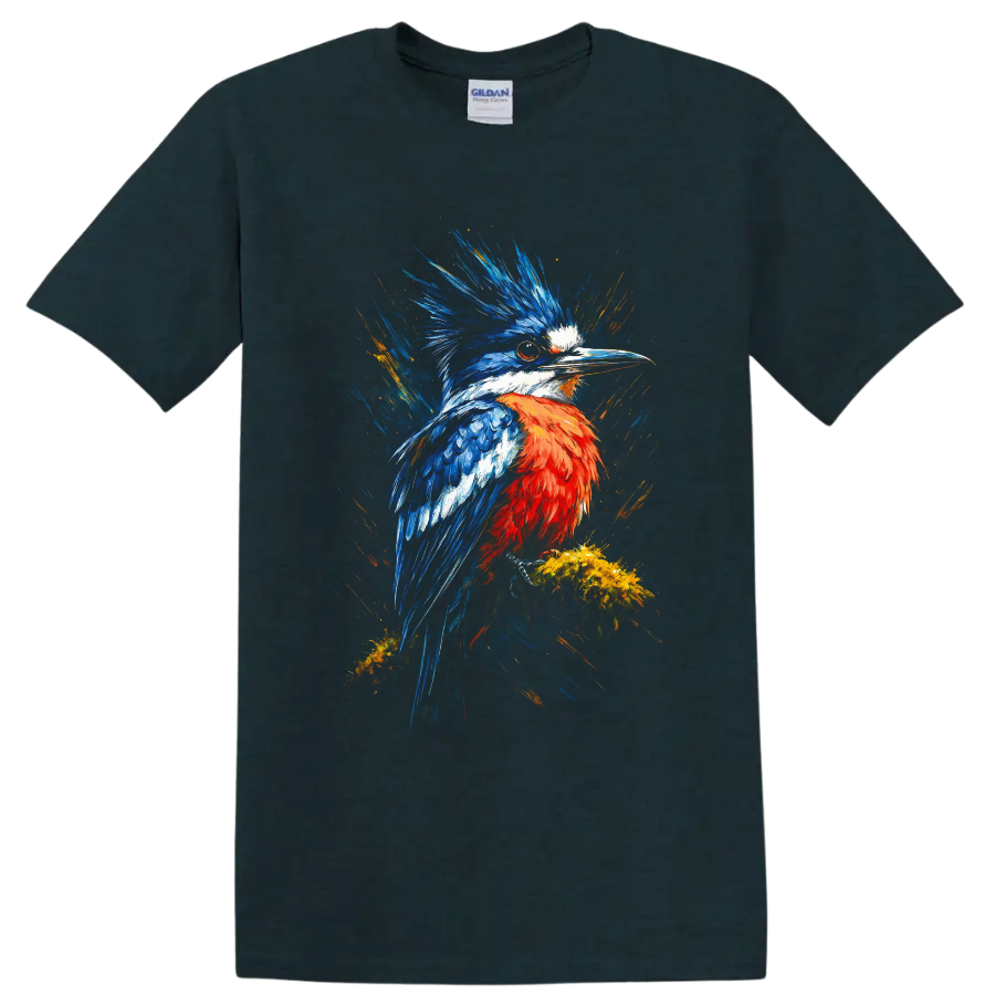 Crested Kingfisher in vivid blue and orange painterly wildlife art on a Midnight (Green) T Shirt