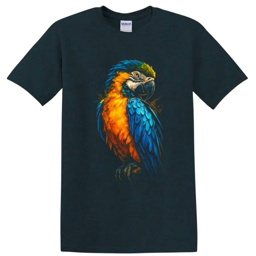 Colorful painterly macaw parrot portrait with blue and orange feathers on a Midnight (Green) T Shirt