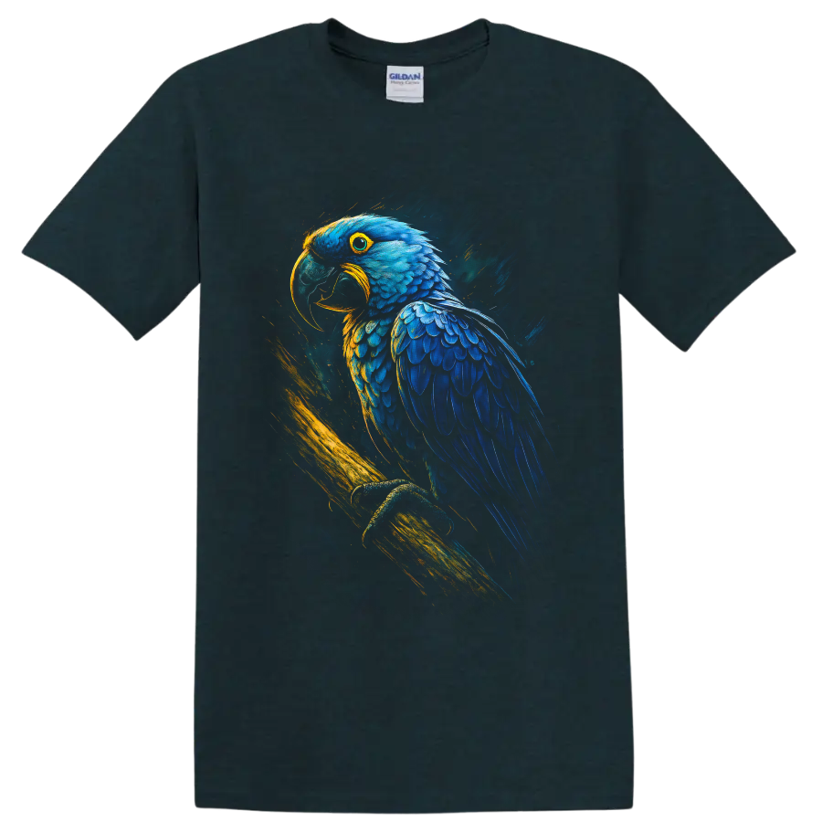 Blue macaw parrot portrait in vivid blue and gold painterly tropical art on a Midnight (Green) T Shirt