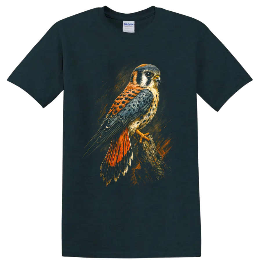 American kestrel falcon perched on a branch in dramatic textured wildlife art on a Midnight (Green) T Shirt