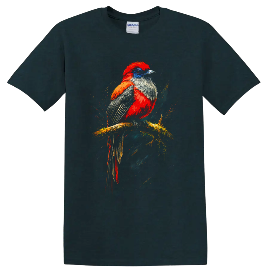 Vibrant trogon perched on a mossy branch in expressive painted wildlife art on a Midnight (Green) T Shirt