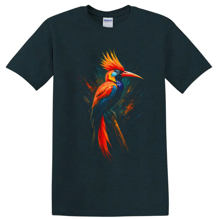 Vibrant painterly hornbill bird with orange crest and blue wings on a branch on a Midnight (Green) T Shirt