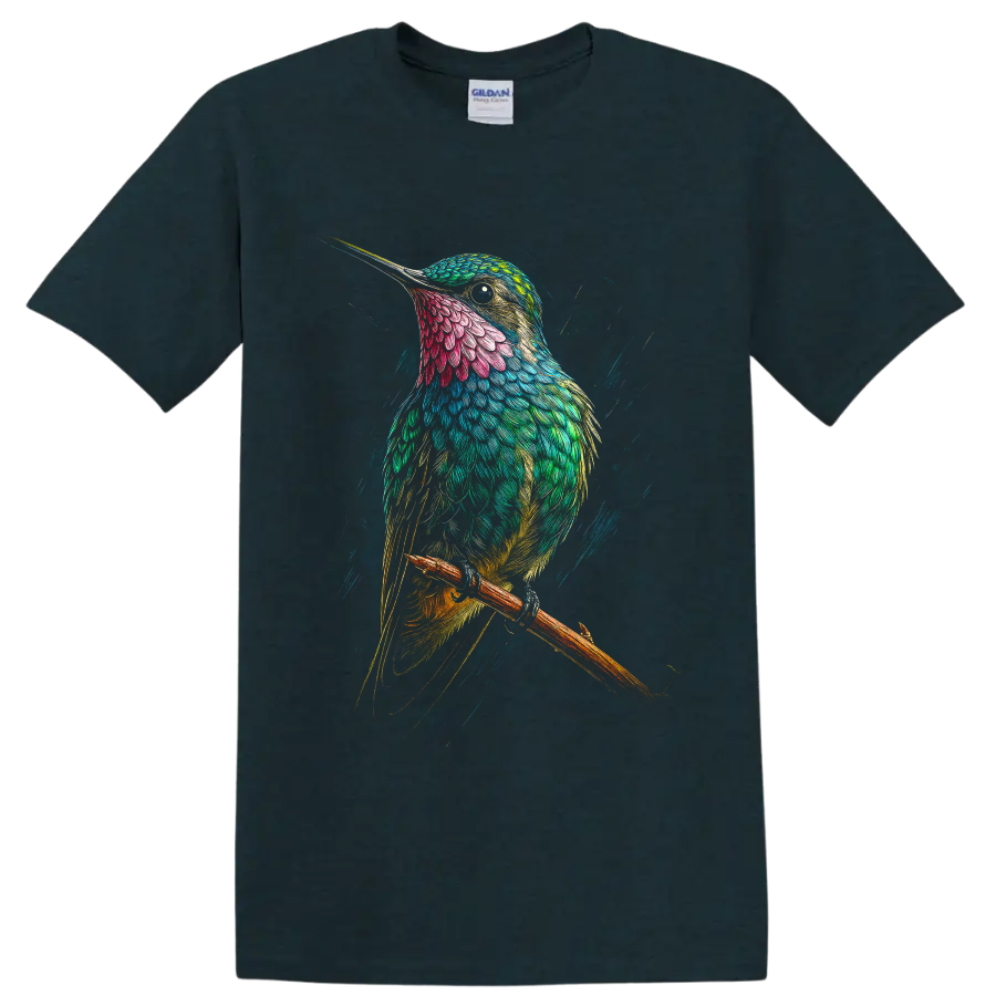 Colorful hummingbird perched on a branch in modern detailed feather art on a Midnight (Green) T Shirt