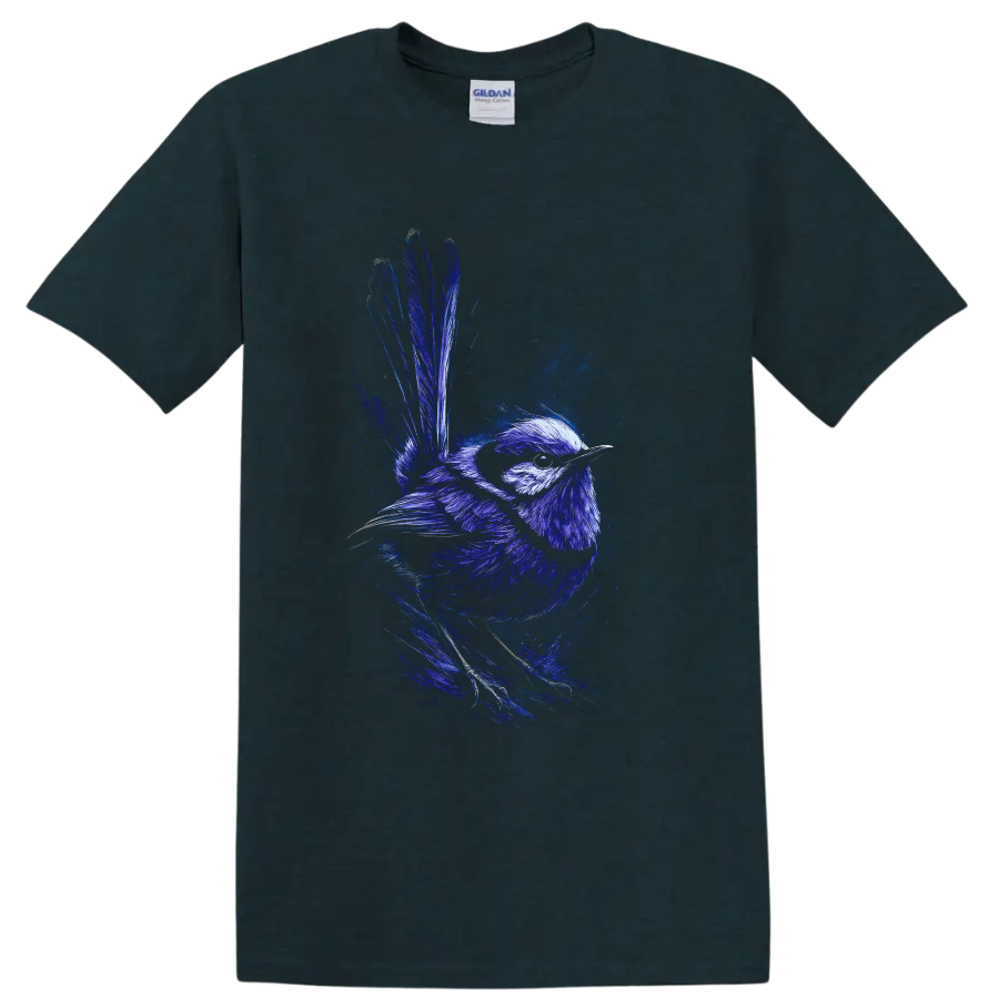 Superb fairywren in vivid blue dynamic wildlife sketch art with raised tail on a Midnight (Green) T Shirt