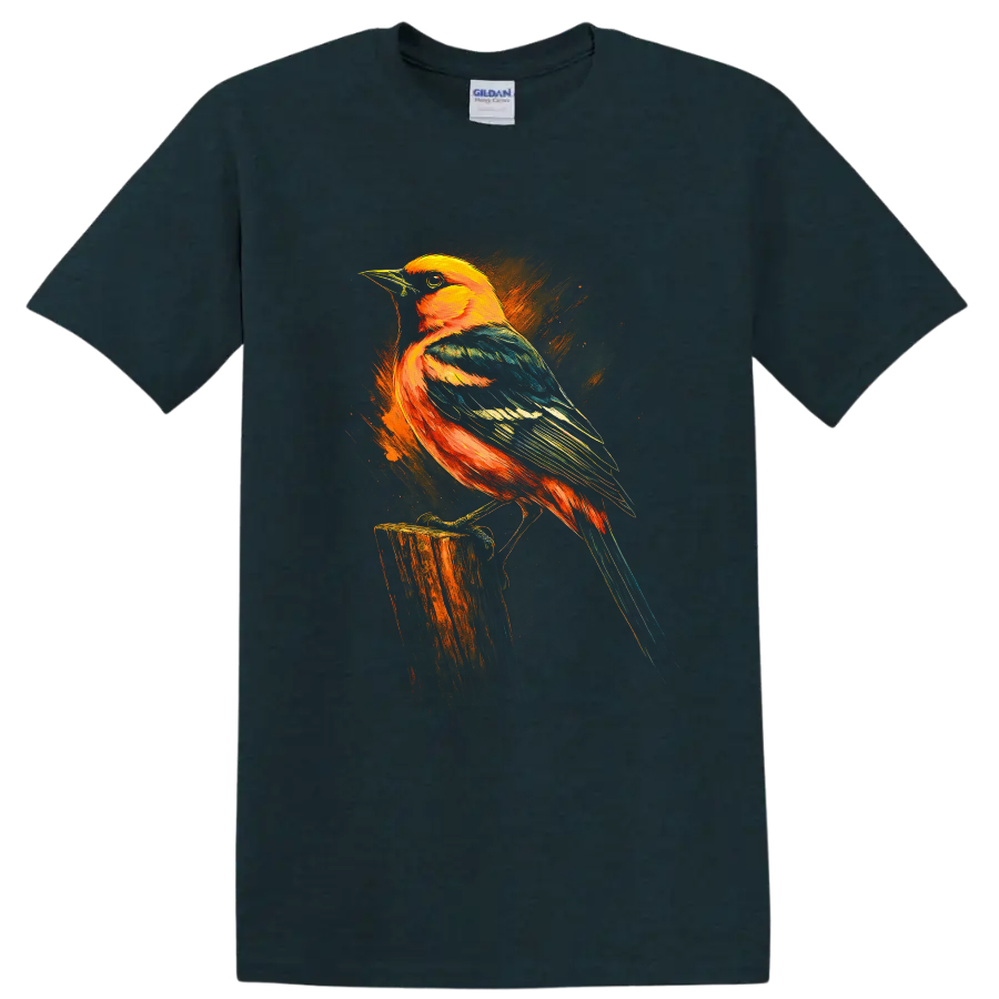 Baltimore oriole perched on a stump in vivid orange, teal, and blue painterly art on a Midnight (Green) T Shirt