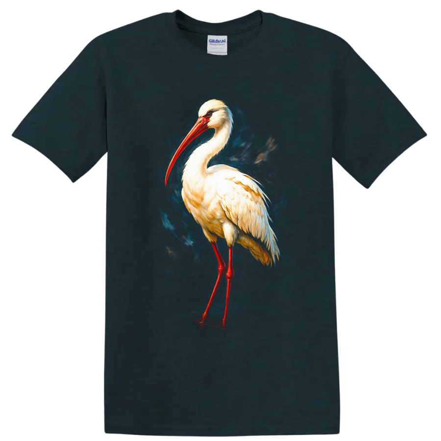 Modern painted white stork portrait with red bill and legs on blue brushstroke art on a Midnight (Green) T Shirt