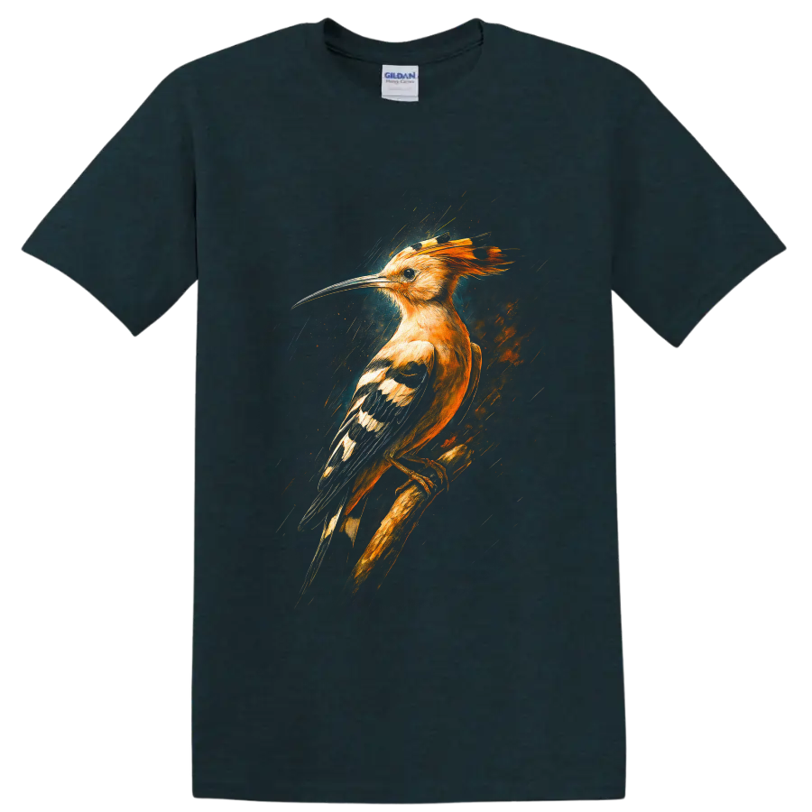 Dramatic painterly hoopoe bird with orange crest, curved bill, and patterned wings on a Midnight (Green) T Shirt