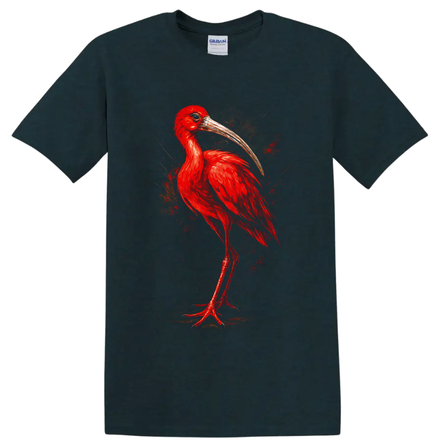 Painterly scarlet ibis portrait with vivid red feathers and a long curved bill on a Midnight (Green) T Shirt
