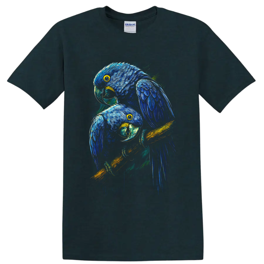 Two blue macaw parrots in vivid modern tropical wildlife illustration on a Midnight (Green) T Shirt