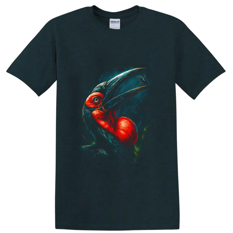Painterly hornbill portrait with sweeping bill, red-orange feathers, teal plumage, and on a Midnight (Green) T Shirt
