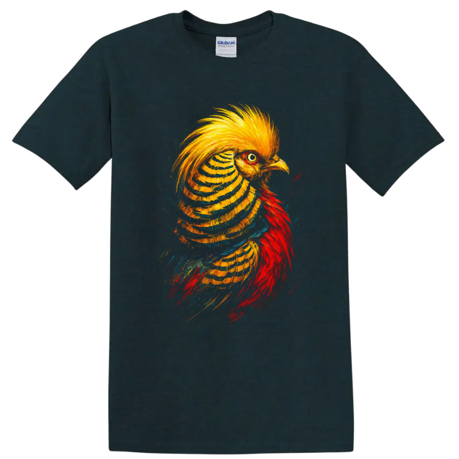 Vibrant painterly golden pheasant portrait with golden crest and red plumage on a Midnight (Green) T Shirt