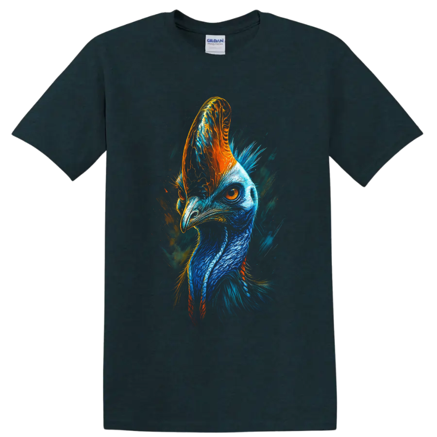 Vibrant blue and orange cassowary portrait in expressive painterly wildlife art on a Midnight (Green) T Shirt