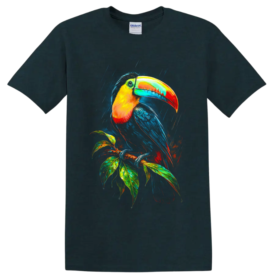 Colorful modern toucan illustration perched on a leafy tropical branch in rain on a Midnight (Green) T Shirt