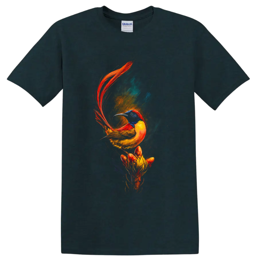 Vibrant painterly sunbird with red tail feathers perched above a dramatic flower on a Midnight (Green) T Shirt