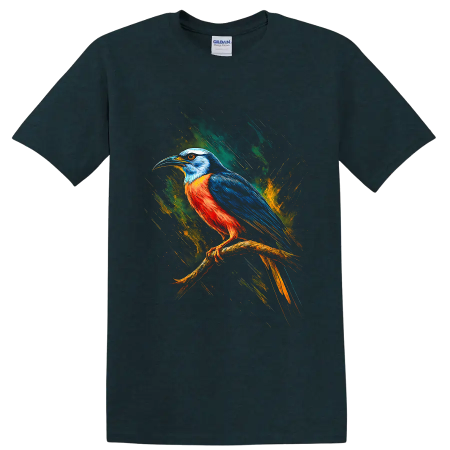 Colorful kingfisher perched on a branch in dynamic modern paint-splash art on a Midnight (Green) T Shirt
