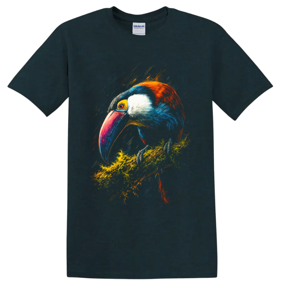 Vibrant painterly toucan perched on a mossy branch with a colorful oversized bill on a Midnight (Green) T Shirt