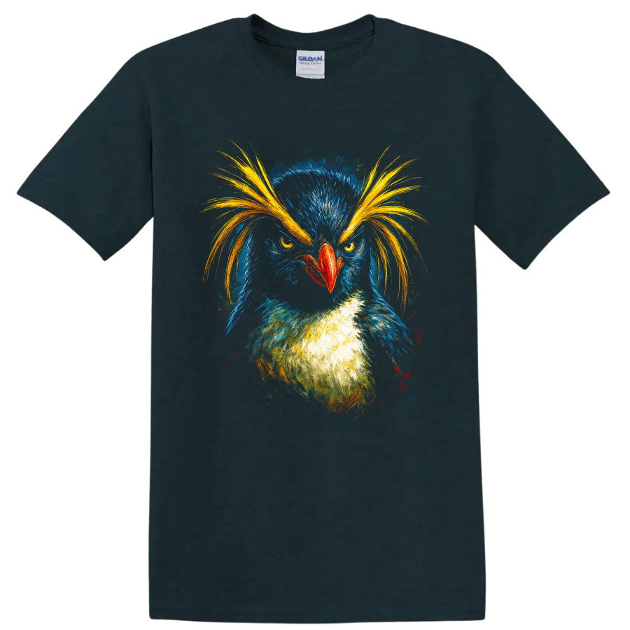 Colorful painterly macaroni penguin portrait with golden crest plumes on a Midnight (Green) T Shirt