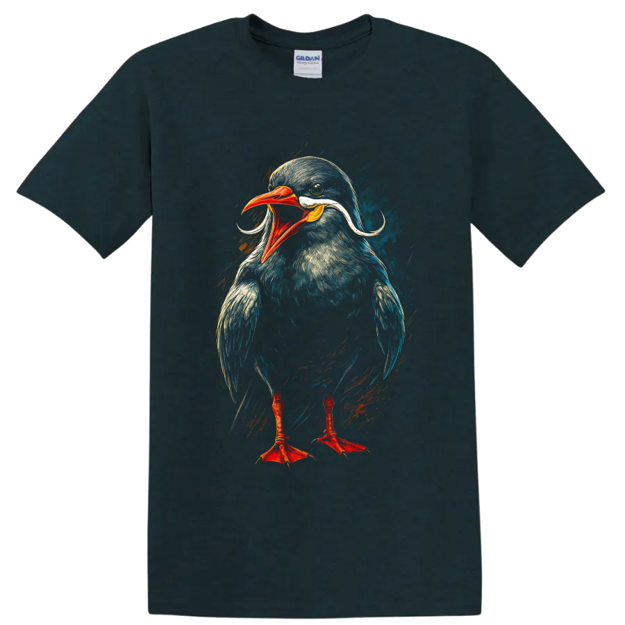 Dynamic painted Inca tern portrait with curled white plumes and red-orange beak on a Midnight (Green) T Shirt