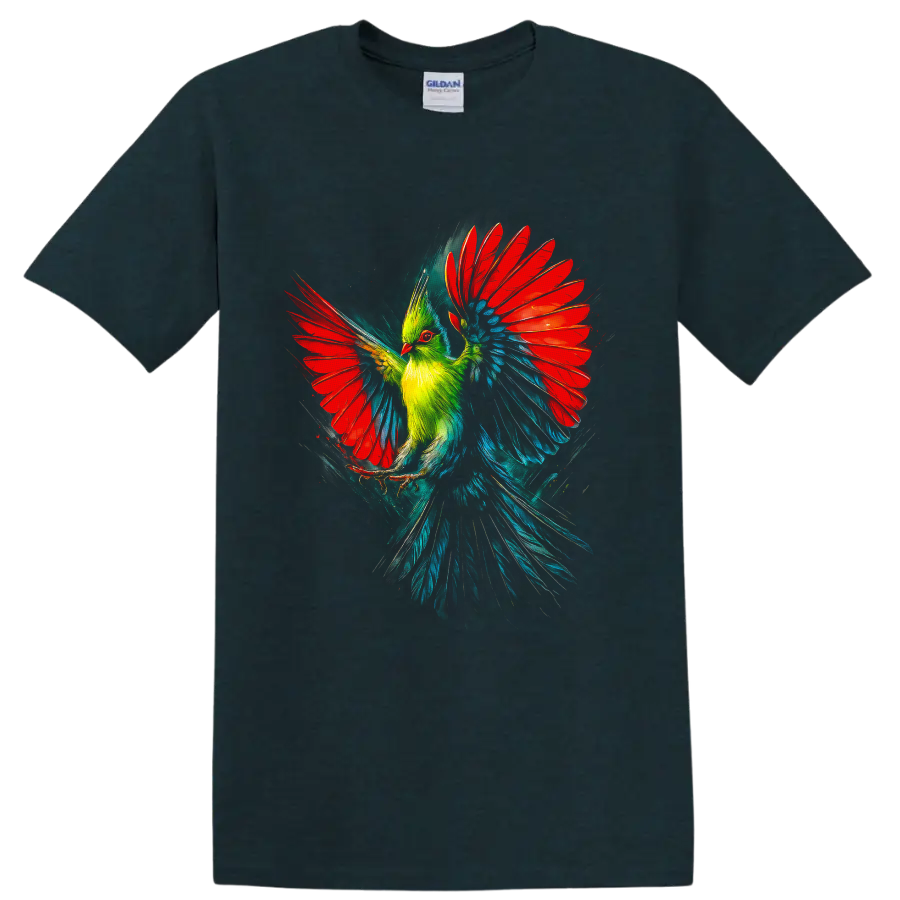 Painterly turaco in flight with vivid red wings, green crest, and teal-blue feathers on a Midnight (Green) T Shirt