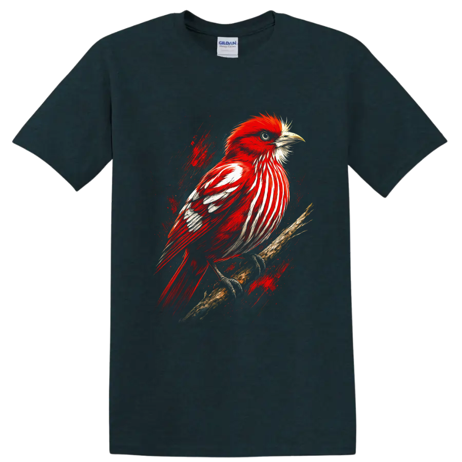 Red cardinal perched on a branch in dramatic painterly wildlife art on a Midnight (Green) T Shirt