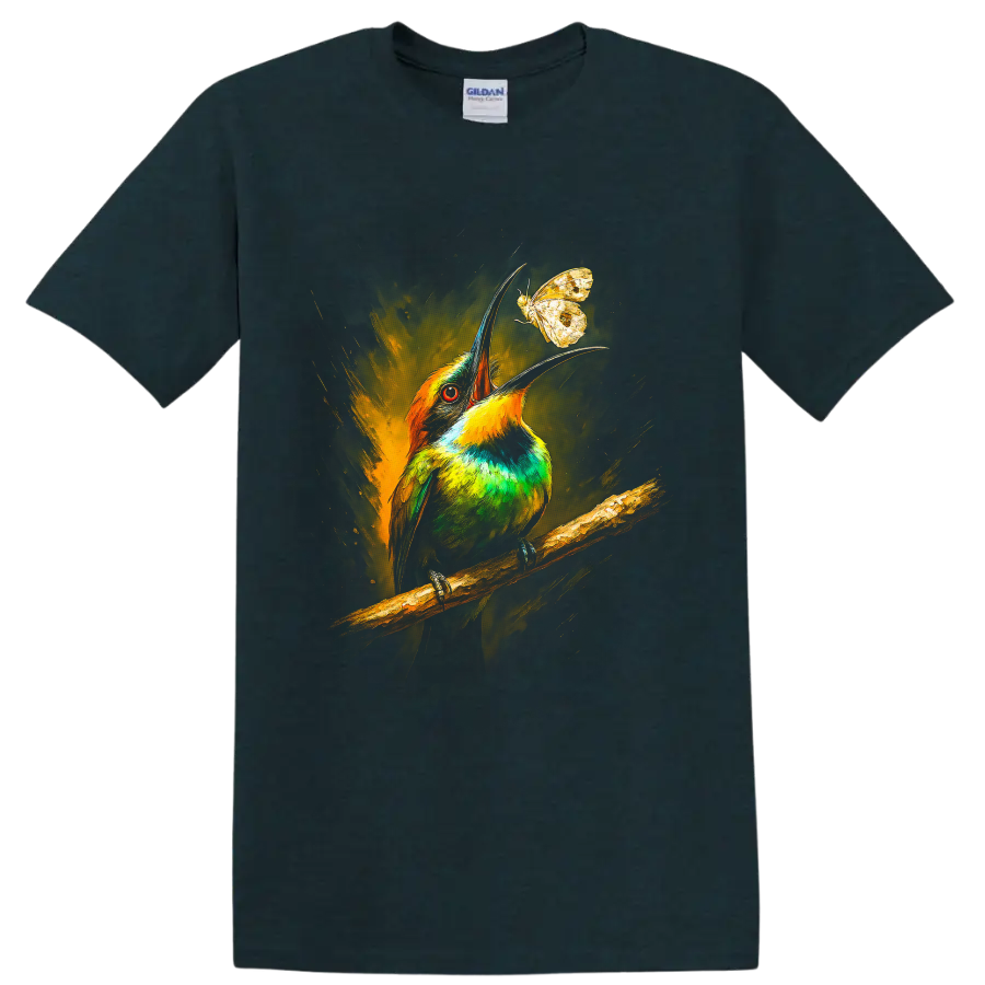 Colorful bee-eater bird reaching toward a butterfly in painterly wildlife art on a Midnight (Green) T Shirt