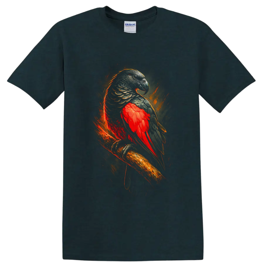 Dramatic Pesquet's parrot artwork with red plumage, dark feathers, and fiery brushstrokes on a Midnight (Green) T Shirt
