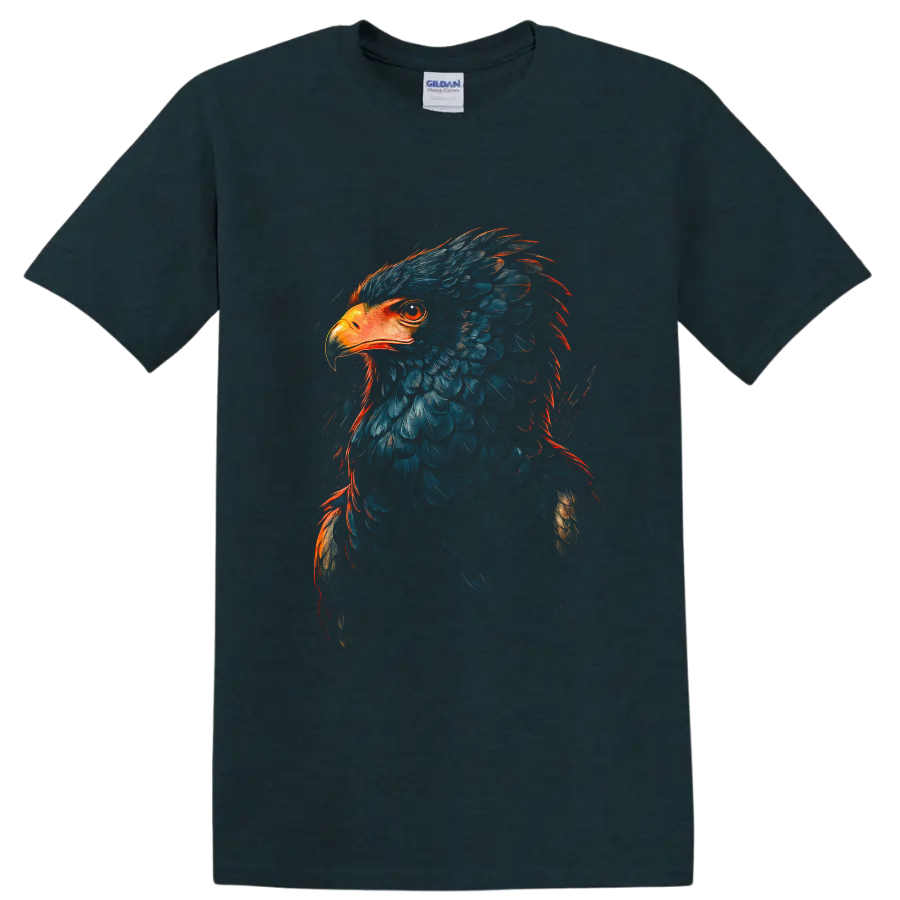 Bald eagle portrait in dramatic blue feathers with fiery orange painterly accents on a Midnight (Green) T Shirt