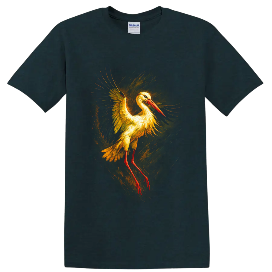 Painterly white stork in flight with golden wings, red bill, and swirling brushwork on a Midnight (Green) T Shirt