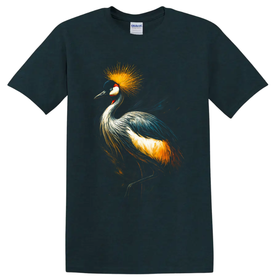 Painterly grey crowned crane portrait with a radiant golden feather crown on a Midnight (Green) T Shirt