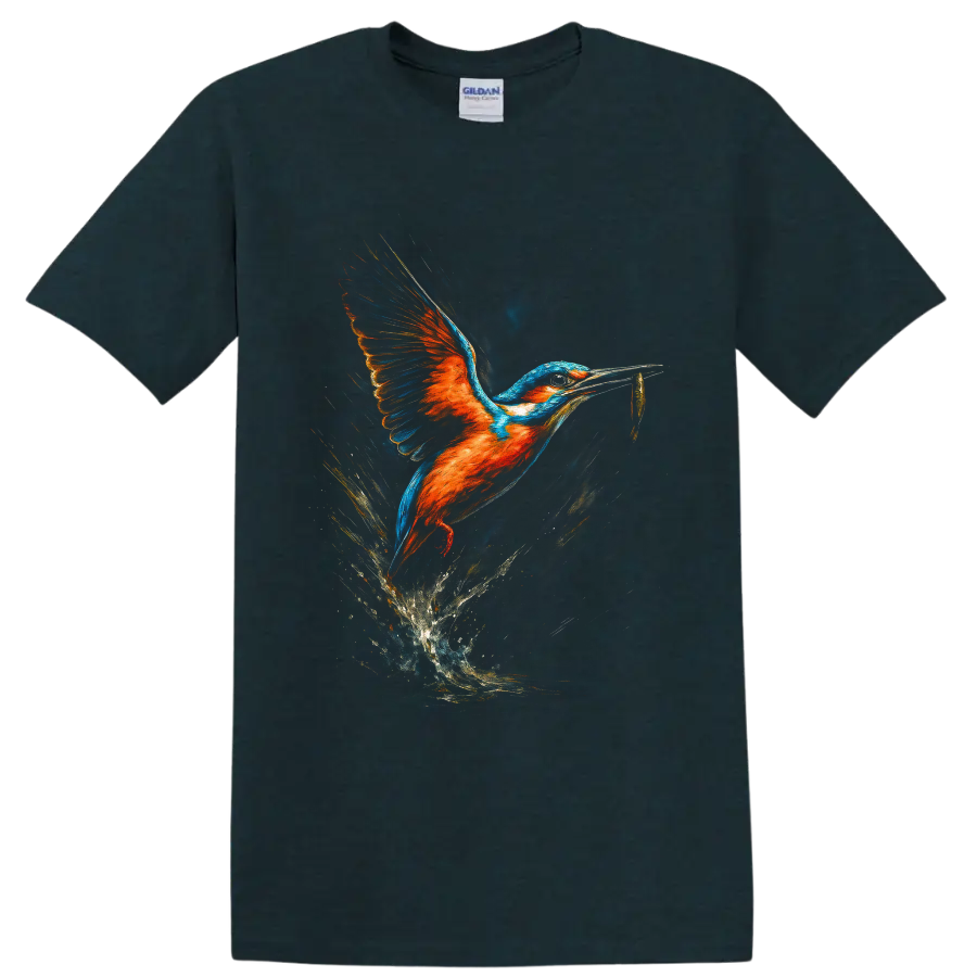 Colorful painterly kingfisher flying with a fish above a dramatic water splash on a Midnight (Green) T Shirt