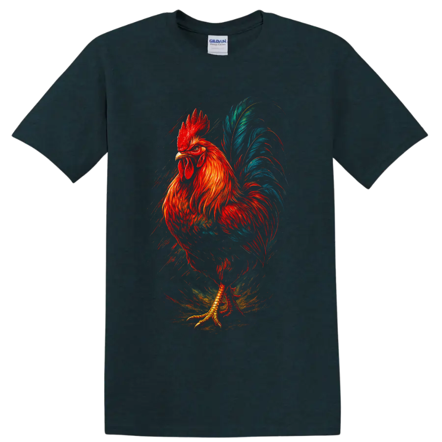 Modern painted rooster with red-orange feathers and sweeping teal-blue tail on a Midnight (Green) T Shirt