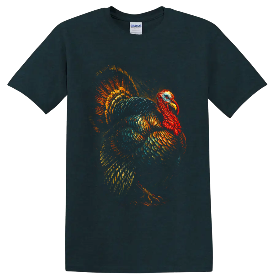 Colorful painterly turkey with fanned tail feathers and glowing orange teal plumage on a Midnight (Green) T Shirt