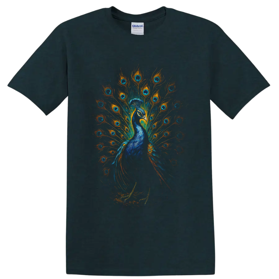 Vibrant blue peacock with orange and teal feather fan wildlife art on a Midnight (Green) T Shirt