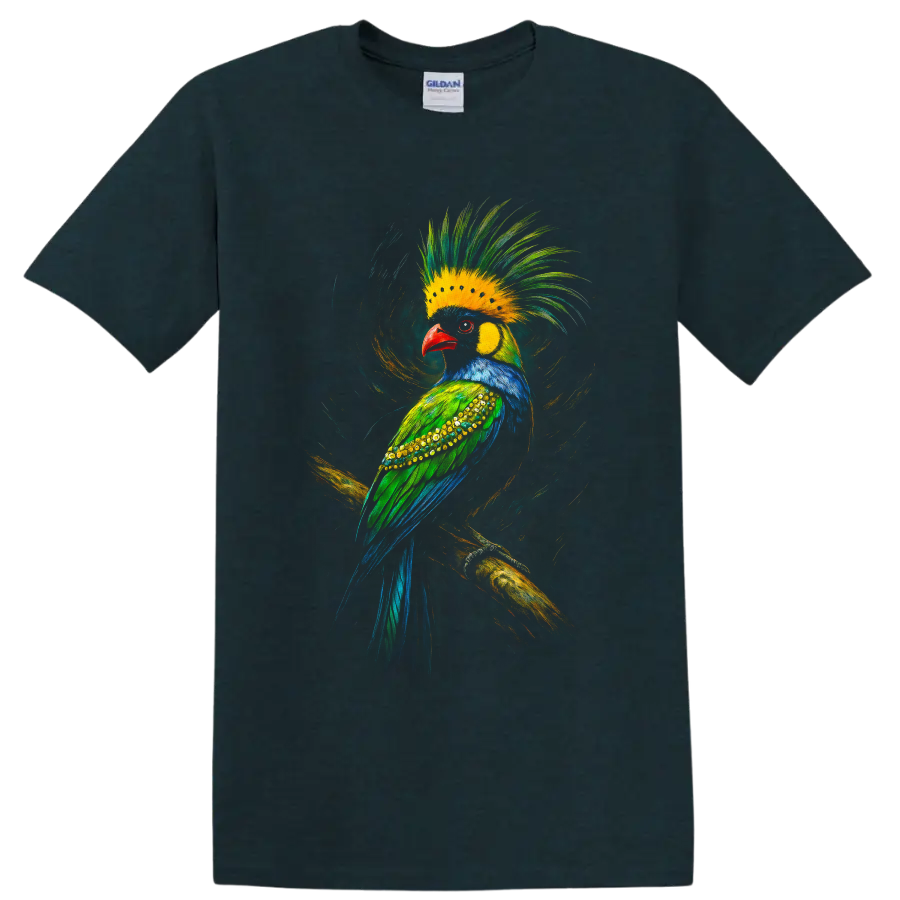 Colorful crested tropical bird in dynamic painted wildlife art perched on a branch on a Midnight (Green) T Shirt