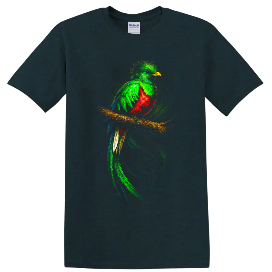 Vibrant quetzal perched on a branch with flowing tail and swirling brushstroke art on a Midnight (Green) T Shirt
